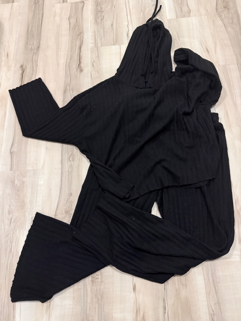 Women's Black Ribbed Hoodie Jumpsuit